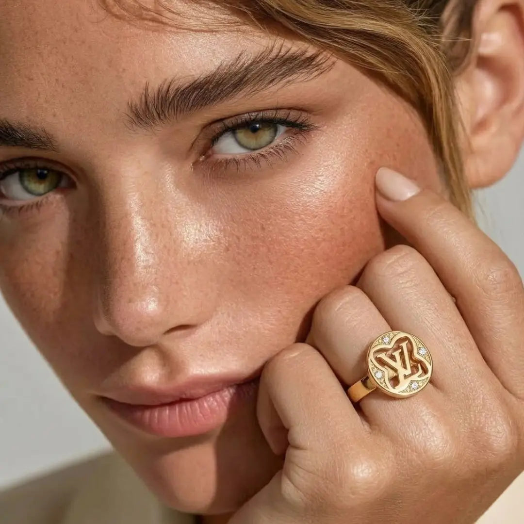 18K Gold Filled Luxury Monogram Cutout Ring – Crystal Accent Statement Band for Women